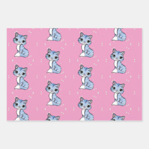 cute blue cat on pink wrapping paper sheet
