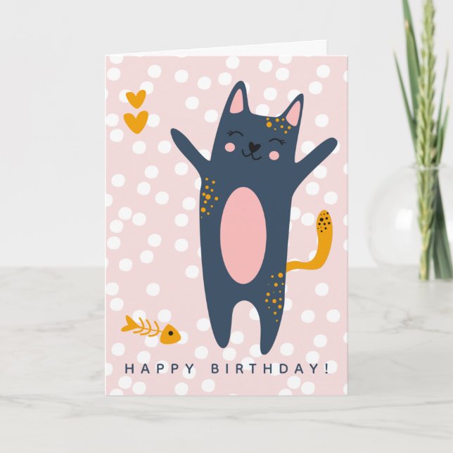 Cute Blue Cat Pink Kids Birthday  Card (Front)