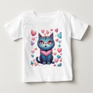 Cute Blue Cat With Hearts Hoodie Kawaii Valentin Baby T-Shirt