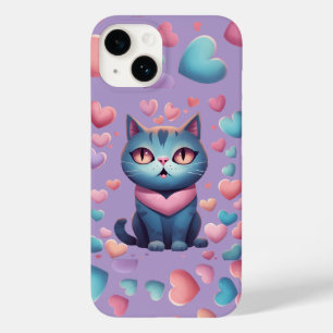 Cute Blue Cat With Hearts Hoodie Kawaii Valentin Case-Mate iPhone 14 Case