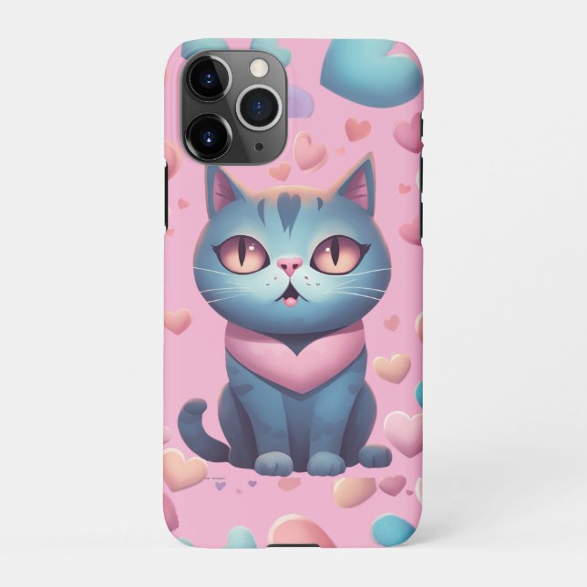 Cute Blue Cat With Hearts Hoodie | Kawaii Valentin iPhone Case (Back)