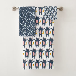 Cute Blue Cats, Hearts and Polkadots  Bath Towel Set