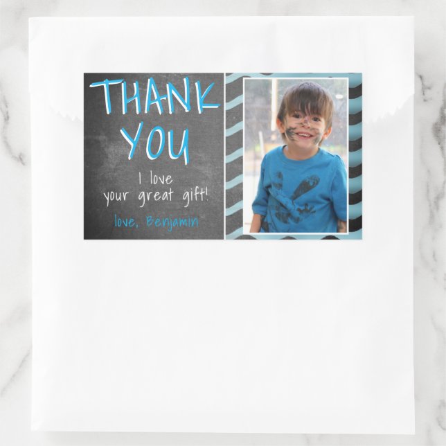Cute Blue Chalkboard Birthday Photo Thank You Rectangular Sticker (Bag)