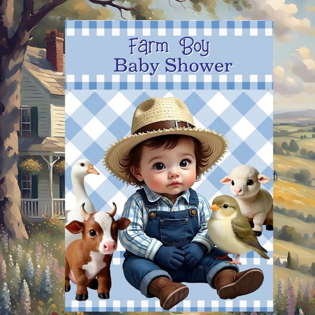 Cute Blue Check Farm Boy Baby Shower Animals Invitation (Creator Uploaded)