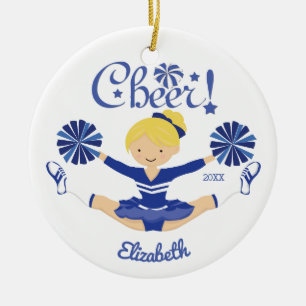 Cute Blue Cheer Blonde Cheerleader Personalised Ceramic Tree Decoration