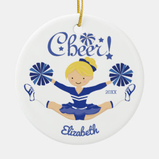 Cute Blue Cheer Blonde Cheerleader Personalised Ceramic Tree Decoration