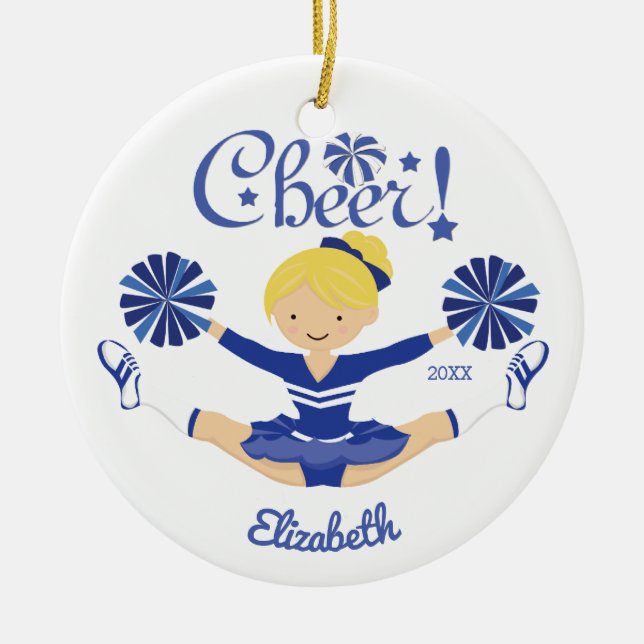 Cute Blue Cheer Blonde Cheerleader Personalised Ceramic Tree Decoration (Front)