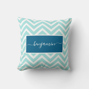 Cute Blue Chevron Zig Zag Pattern Name Cushion