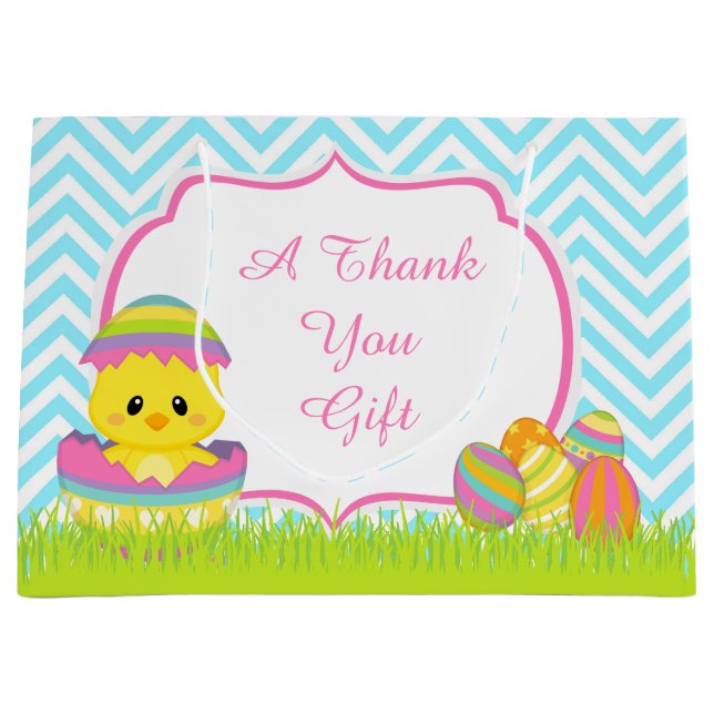 Cute Blue Chevrons Easter Bunny Easter Egg Hunt Large Gift Bag (Front)