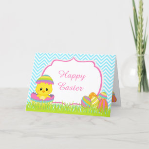 Cute Blue Chevrons Easter Chick Easter Egg Hunt Holiday Card