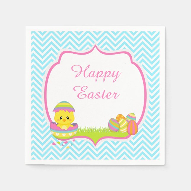 Cute Blue Chevrons Easter Chick Easter Egg Hunt Napkin (Front)