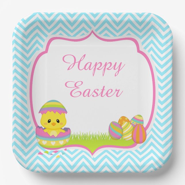 Cute Blue Chevrons Easter Chick Easter Egg Hunt Paper Plate (Front)