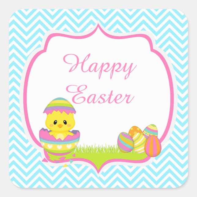 Cute Blue Chevrons Easter Chick Easter Egg Hunt Square Sticker (Front)