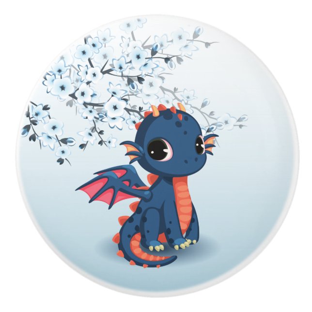 Cute Blue Chibi Dragon Ceramic Knob (Front)