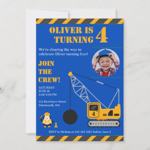 Cute Blue Children's Construction Birthday Invitation