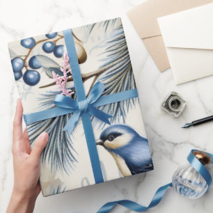 Cute Blue Christmas Bird, Berries, Floral  Wrapping Paper
