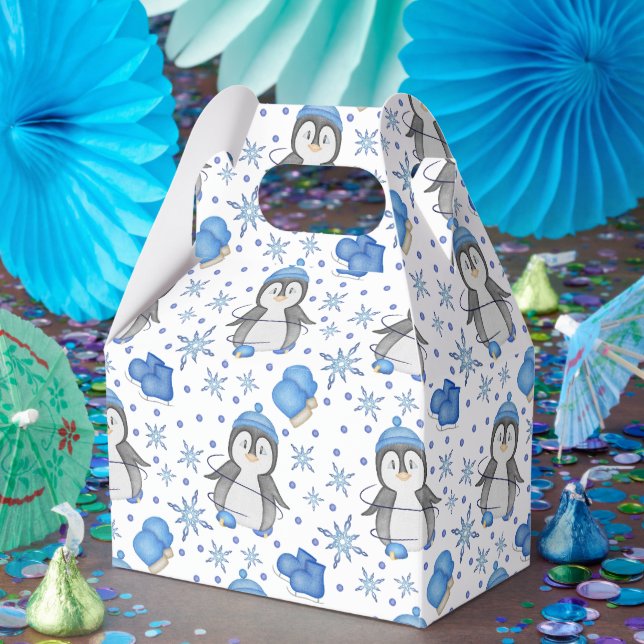 Cute Blue Christmas Ice Skating Penguin Favour Box (Party)