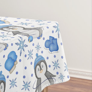 Cute Blue Christmas Ice Skating Penguin Tablecloth
