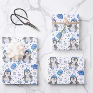 Cute Blue Christmas Ice Skating Penguin Wrapping Paper Sheet
