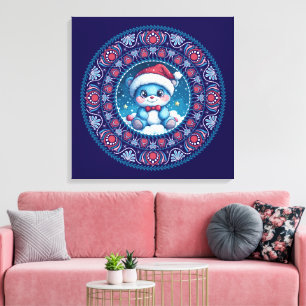Cute Blue Christmas Kawaii Bear Dot Mandala Canvas Print