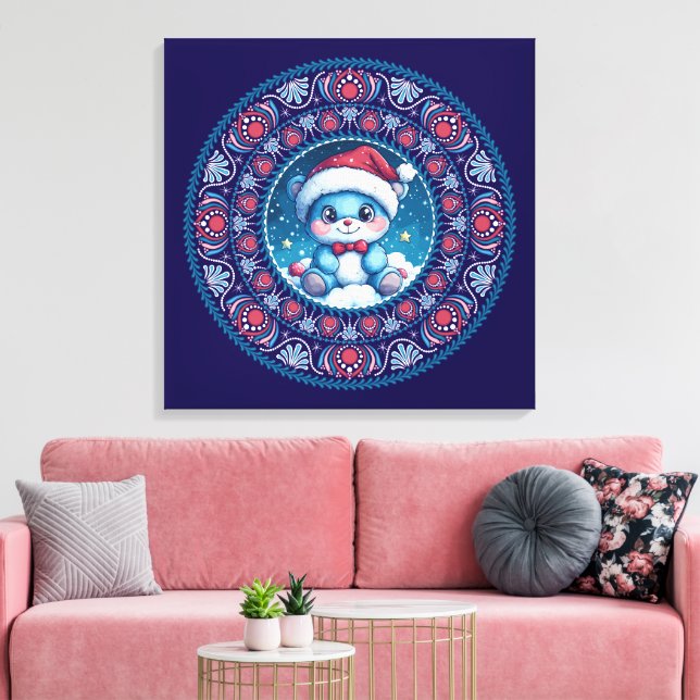 Cute Blue Christmas Kawaii Bear Dot Mandala Canvas Print (Insitu(LivingRoom))