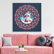 Cute Blue Christmas Kawaii Fox Dot Mandala Canvas