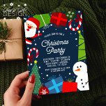 Cute Blue Christmas Party Santa & Snowman Invitation<br><div class="desc">Invite guests to your Christmas party with this cute blue holiday invitation featuring Santa Claus,  snowman,  presents,  candy canes,  Christmas trees,  ornaments,  a snowy border frame & a cute pattern on the back.</div>