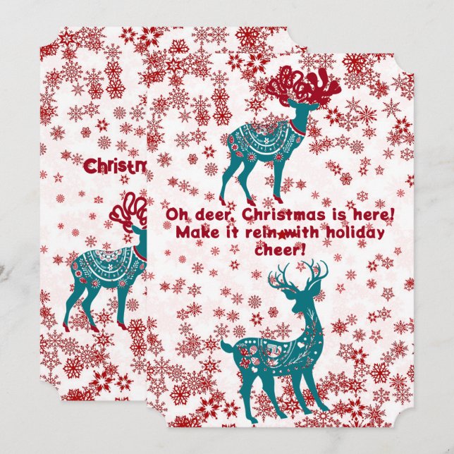 Cute Blue Christmas Reindeers Red Snowflakes White Holiday Card (Front/Back)