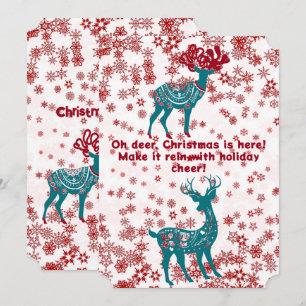 Cute Blue Christmas Reindeers Red Snowflakes White Holiday Card