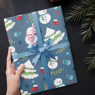 Cute Blue Christmas Snowman Pattern Wrapping Paper
