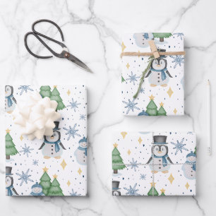 Cute Blue Christmas Snowman Penguin Wrapping Paper Sheet