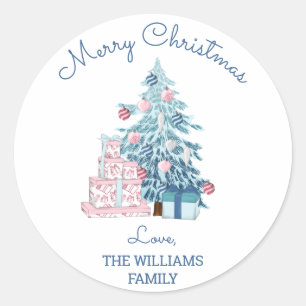Cute Blue Christmas Tree Merry Christmas  Classic Round Sticker