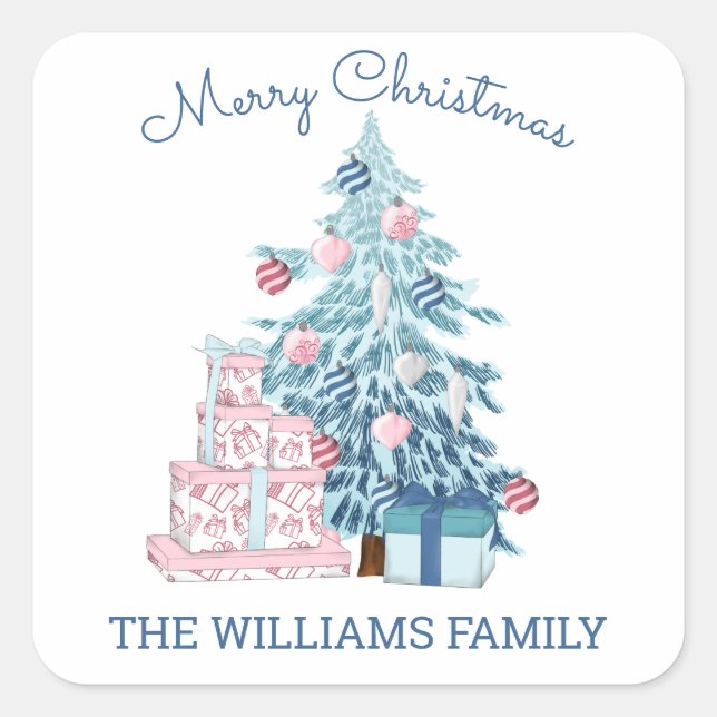 Cute Blue Christmas Tree Merry Christmas Square Sticker (Front)