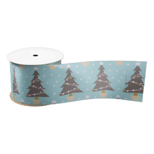 Cute Blue Christmas Tree Snow Holiday Satin Ribbon