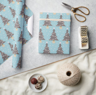 Cute Blue Christmas Tree Snow Holiday Wrapping Paper
