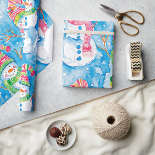 Cute Blue Christmas Watercolor Snowman Wrapping Paper