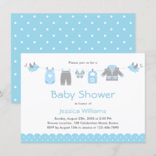 Cute Blue Clothes Boy Baby Shower Invitation