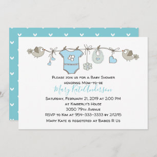 Cute Blue Clothes Line It's a Boy BABY SHOWER Invitation