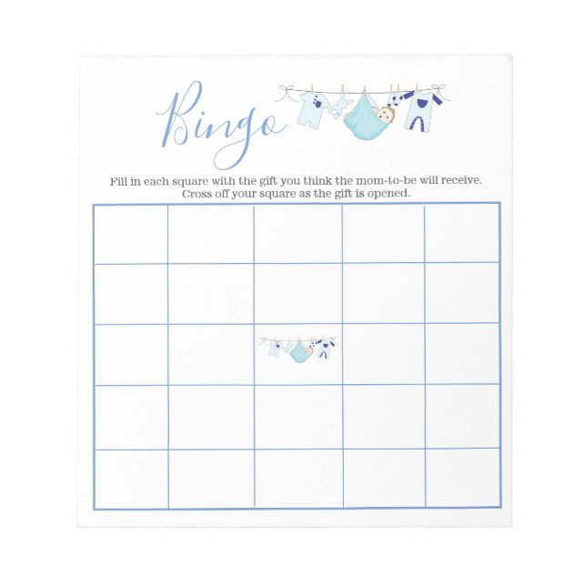 Cute Blue Clothesline Baby Shower Bingo Games  Notepad (Front)