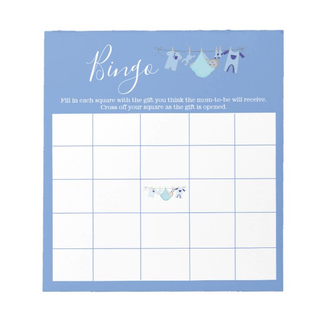 Cute Blue Clothesline Boy Baby Shower Bingo Game  Notepad (Front)