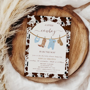 Cute Blue Clothesline Cow Print Cowboy Baby Shower Invitation