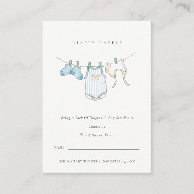 Cute Blue Clothesline Diaper Raffle Baby Shower Enclosure Card (Front)