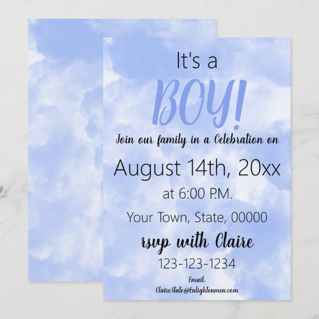 Cute Blue Clouds Baby Boy Shower Invitation (Front/Back)