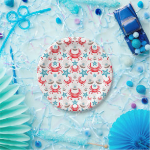 Cute Blue Coastal Seaside Crab & Shell Pattern Paper Plate