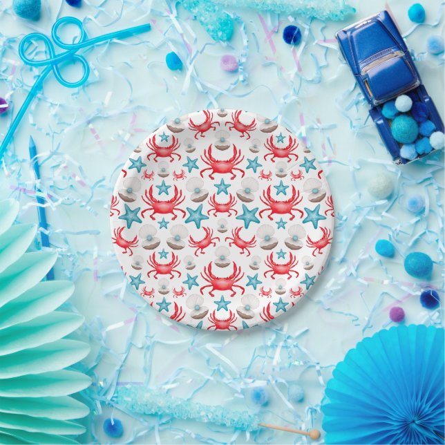 Cute Blue Coastal Seaside Crab & Shell Pattern Paper Plate (Party)