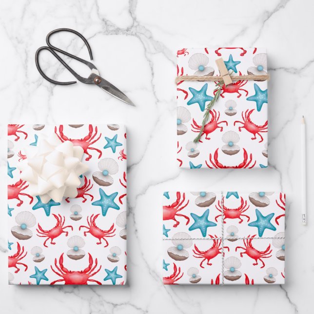 Cute Blue Coastal Seaside Crab & Shell Pattern Wrapping Paper Sheet (Front)