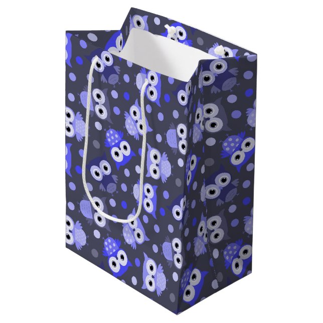 Cute blue colourful owl pattern medium gift bag (Front Angled)