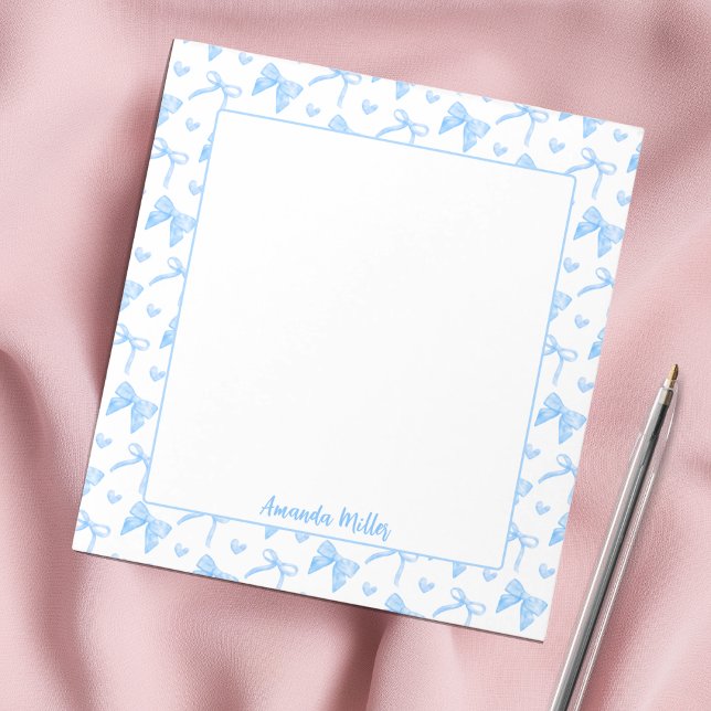 Cute Blue Coquette Bows Hearts Personalised Name Notepad (Creator Uploaded)