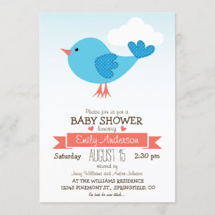 Cute Blue & Coral Bird Baby Shower or Sprinkle Invitation