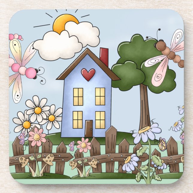 Cute Blue Country House Set of 6 Coaster (Front)
